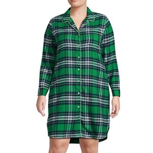 NWOT Lands End Women's Flannel Green Plaid Button Down Sleepshirt Nightgown 2X